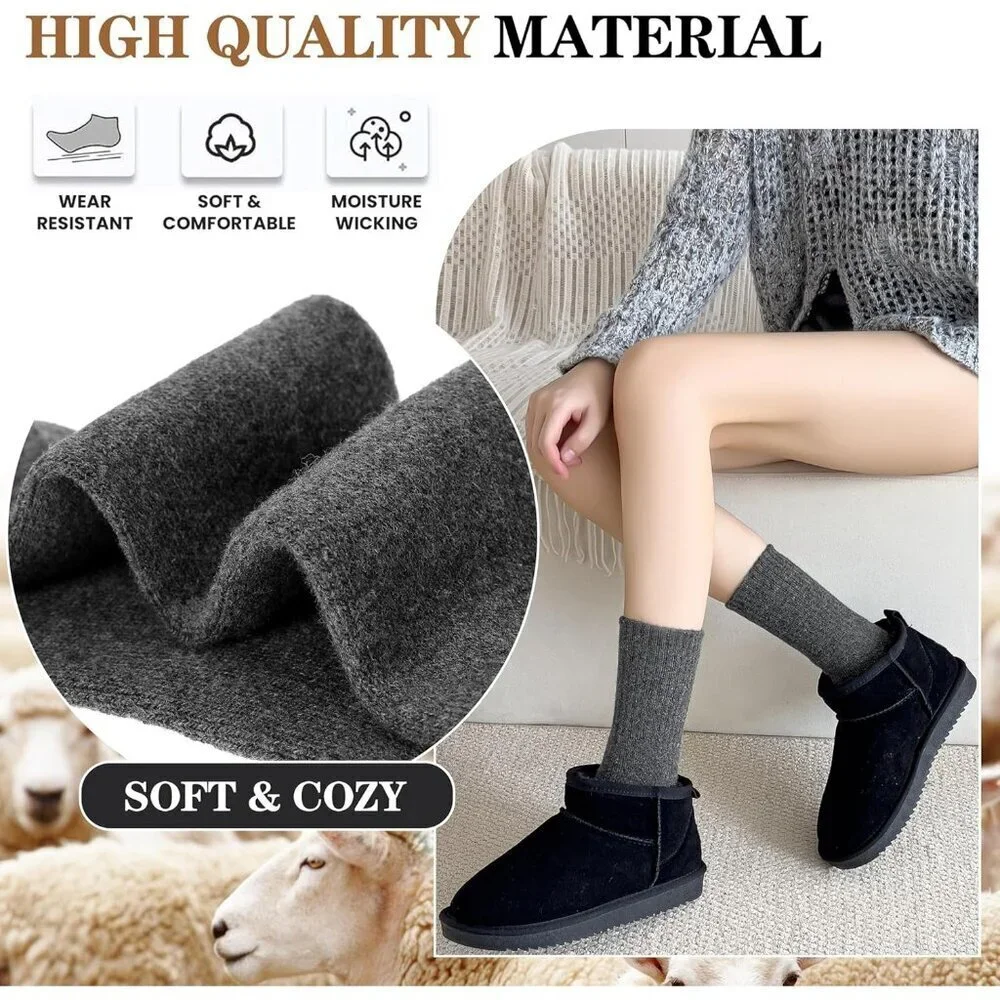 Women Merino Wool Dark Grey Sock 5 Pairs Warm Thick Crew Cozy Winter Boot Socks
